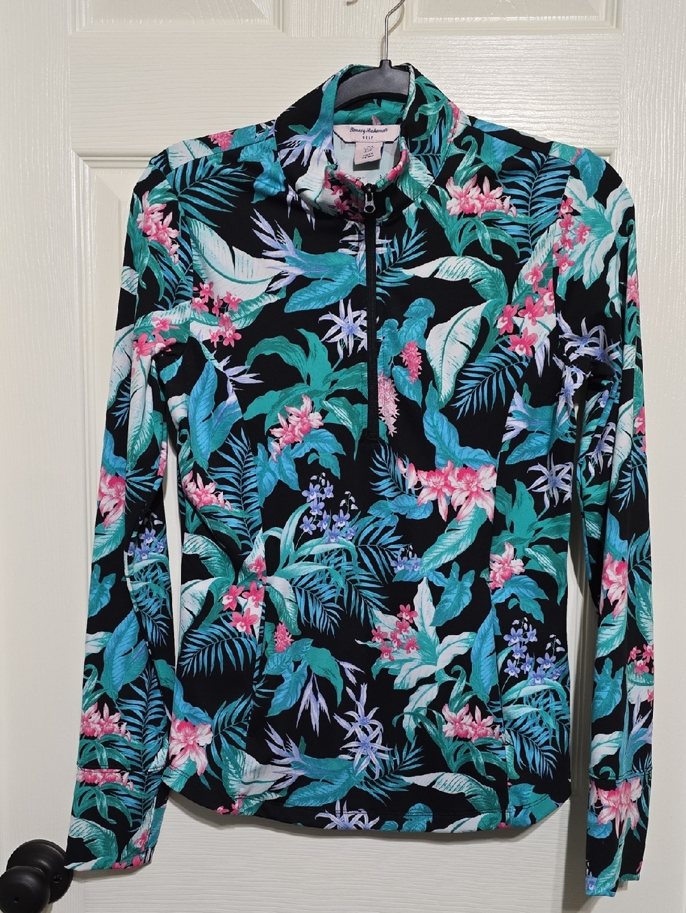 Tommy Bahama Black Tropical Floral Zip-Front Long Sleeve Top